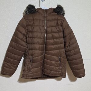 HOWDARE'U Women's Puffer Jacket Hooded Faux Fur Lining Brown Sixe 2X